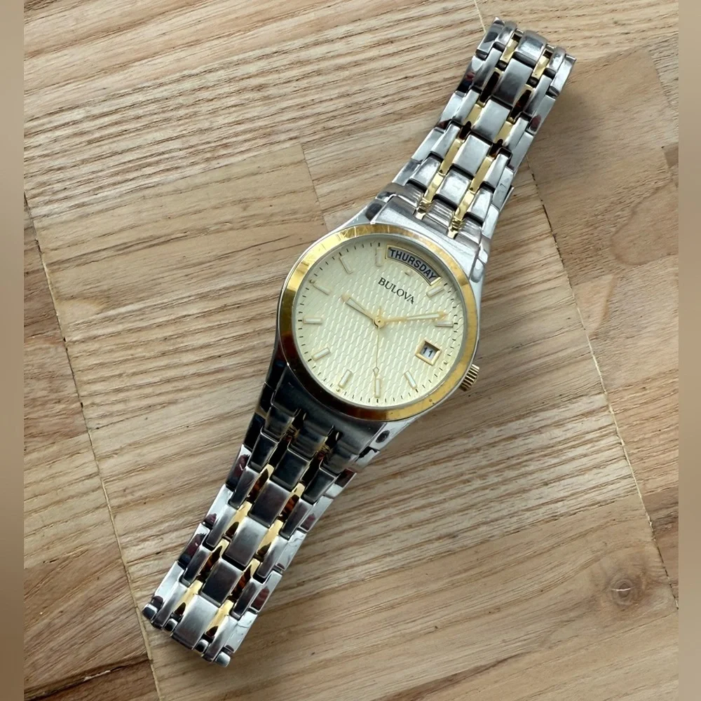 Bulova Luxury Men's Watch Gold Dial and Hands Two-Tone Bracelet Day Date Windows